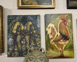 Michel Bayne Double Face Jug, Folk Art, Rooster Painting. 