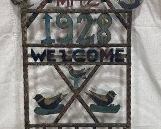 Polychromed Folk Art "Welcome" Sign with Mail Basket 1928