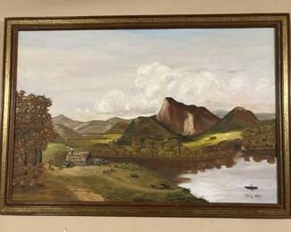 "Mountain Cabin" by Billy – Large 1980 Oil on Canvas Landscape