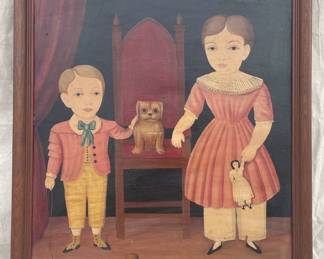 Wonderful Folk Art Painting of Boy and Girl with Dog and Doll