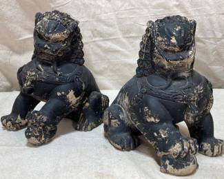 Pair of Painted Concrete Foo Dog Statues
