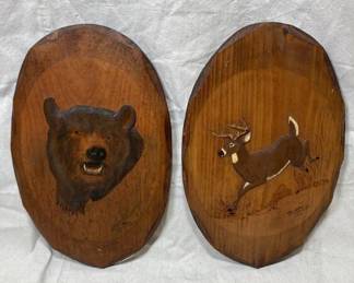 Carved Folk Art Bear & Deer Wall Plaques