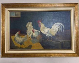 Rooster and Two Hens By G. Siegel Oil on Canvas