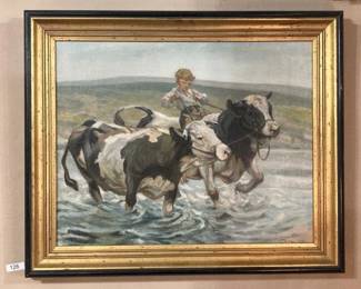 Axel Hou – "Boy on Cows Crossing River" – Oil on Canvas