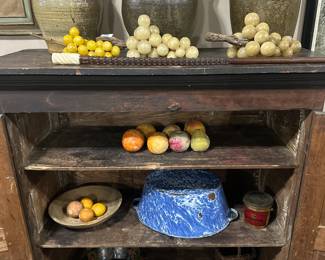 Southern Cupboard, Stoneware, Alabaster fruit, Folk Art Walking Stick 