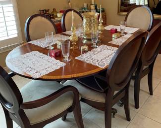 Duncan Phife Dining Table with Six Chairs and Two Leafs with Custom Made Pads