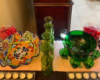 Talavera Bowl, Assorted Vases, Vintage Emerald Green Punch Bowl