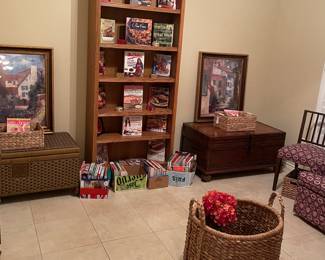 Oak Bookcase, Cedar Chest, Oversized Basket, Oil on Canvas Art