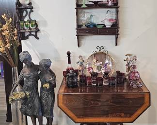 Large bronze Statue, Bohemian glass, Fenton glass on shelf 