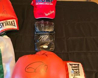 Devin Haney signed boxing glove, Nick Diaz (UFC) signed MMA glove, Le'Veon Bell signed Trump hat