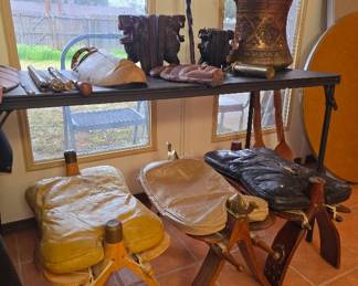 Antique Camel Saddles, Brass items, and Antique Sword Canes