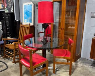 Glass Top Mid Century Bistro Table and Chairs and Lighted Display Cabinet Orlando Estate Auction