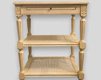 Ethan Allen French Louis XVI Painted Creme Two Tiered Bedside Table With Caned Shelves