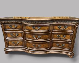 Drexel Heritage Nine Drawer Carved Burl Walnut Wood Dresser