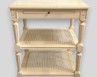 Ethan Allen French Louis XVI Painted Creme Two Tiered Bedside Table/Nightstand With Caned Shelves
