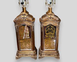 Pair Of Gilt Ceramic And Mirrored Lamps (2)