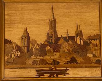 Marquetry Inlaid Wood Panel View Of Alsace, France, 19th Century