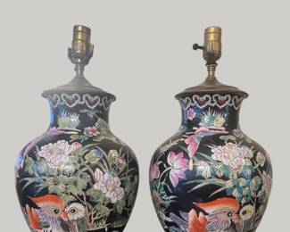 Pair Of Chinese Famille Noir Urns Mounted For Use As A Table Lamps