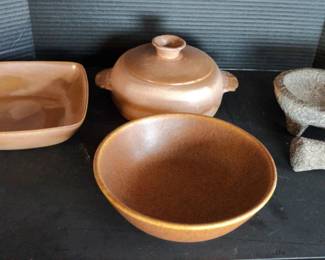 Vintage Frankoma Plate And Pot With Made In USA Bowl And Stone Pestle and Mortar