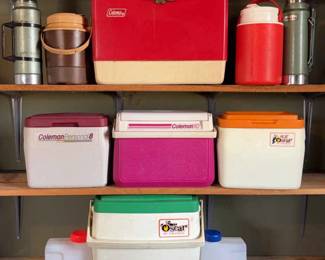 Vintage Coleman Coolers And Aladdin Stanley Thermos 