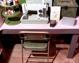 Vintage Sears Kenmore Model 1755 Zig Zag Sewing Machine,Sewing Box W Accessories,Threads, 4 Chairs