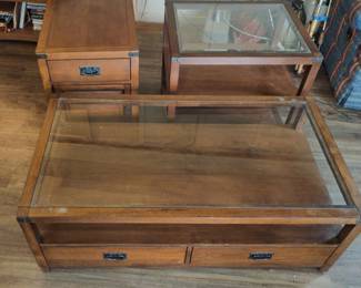 2 Brown Wooden End Tables And Coffee Table 