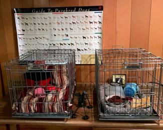 2 Dog Kennels 18.5x18x24, 2 Dog Beds, Bowls, Leashes, Picture Frame, Poster,Plant Holder  More