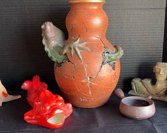 Vintage Pottery Art, Kyusu Tea Pot , Mayan Chac Mool messenger Between Man And God Candlestick Hldr