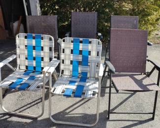 Lot of 6 Lawn Chairs Blue And White And Brown Redish