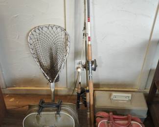 Lot of Fishing Rods And Tackle Box With Net And 2 Bowling Balls 