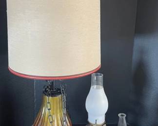 Table Lamp, Two Oil Lamps, Container of Lamp Oil