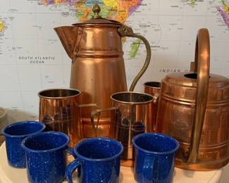 Copper pitcher and mugs and classic vintage camping mugs