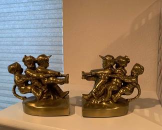 Vintage Brass PM Craftsman USA Bookends Children Playing Tug of Rope War Pair