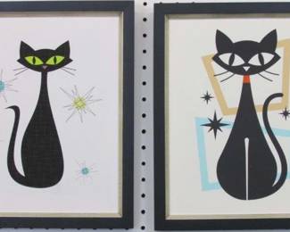 9061 - 2 MID CENTURY CATS ON CANVAS 11.5 X 14