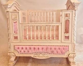 2102 - Fancy Carved & Tuft Upholstery Rocking Baby Bed 55 x 57 x 32