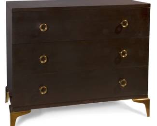 753 - Alden Parkes Stiletto 3 Drawer Chest 34" x 42" x 21" The modern versatile three drawer Stiletto Dresser features mitered drawer corners on beautiful stiletto legs and offers plenty of storage. Available in a rich Kona finish on solid brass stiletto legs.