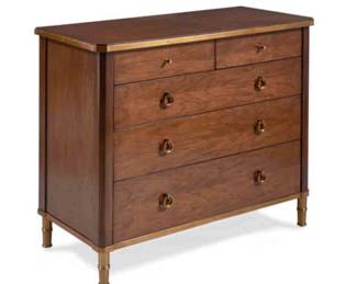 757 - Alden Parkes Naples Chest 34" x 42" x 19" The Naples Chest embodies tradition with its elegant solid brass frame, quarter cut walnut veneers, and functional five drawers finished in a Truffle with brass accents.