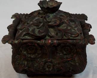 1032 - Carved Wooden Box 7x7.5x7.5