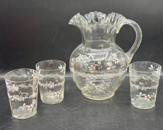 Beautiful Hand Blown & Painted Pitcher & (4) Cups