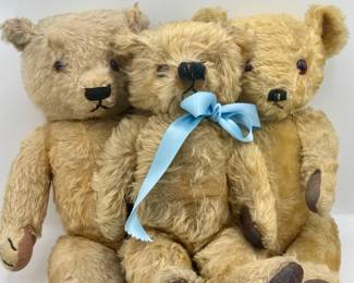(3) Vintage Jointed Teddy Bears With Blue Ribbons