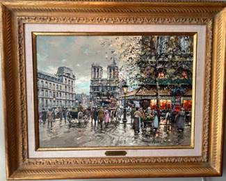 Original Notre Dame Canvas Painting by Antoine Blanchard with Authentication