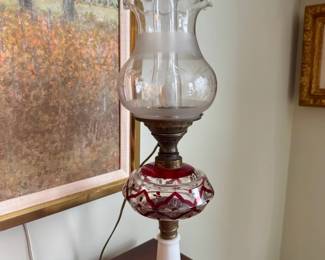 Painted Lamp With Milk Glass Base