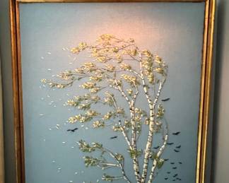 “Birch in the Wind” Crewel Handmade Artwork, Paragon Needlecraft, c.1980 Signed BE