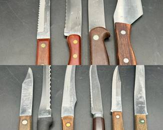 Vintage Knife Lot
Henckels superfection no stain knife 431-8"
Henckels superfection no stain knife 476-3"
Henckels superfection no stain knife 477-4 1/2
Vintage 400C Gold 3 9.5" Offset Sushi Chef Knife Stainless Japan
Craftsman paring knife
Usingers Sausage Quikut Advertising Knife Stainless Steel
Ekco knife
Rada serrated knife
Ekco serrated knif
Forgecraft bread knife