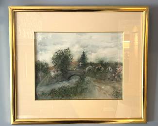 Authenticated Original 1993 Watercolor Painting “Le Peuplier Près du Pont” by Bernard Gantner