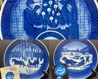 (3) Vintage 1980s Royal Copenhagen Plates
1908-1983 Royal Copenhagen RC Danish Porcelain Christmas Plate MERRY with booklet CHRISTMAS 9.5" diameter with booklet 
Royal Copenhagen 1984 Christmas Plate " Jingle Bells". Kai Lange 7" diameter 
Royal Copenhagen 1986 "Christmas Holidays" Collector Plate Denmark 7" diameter 
No chips or cracks 
SHIPPING -
MINIMUM HANDLING FEE $9.00