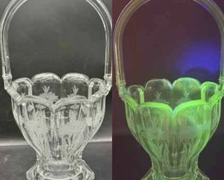 Antique Heisey Etched Glass Basket-UV Reactive