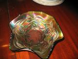Olive Carnival Glass.Peacock Pattern