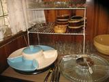 California Pottery Lazy Susan, Glass/Chrome Lazy Susan, Brown Drip, Yelloware bowl peekin through!