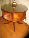 Solid 1940's Wood Drum Table with Leather Inlay Top/Glass.Carved Pedistal footed.Turns.